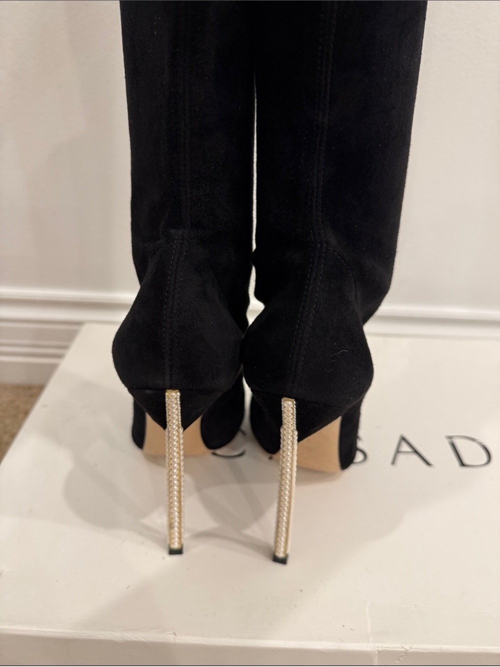 Casadei Black Suede Over The Knee Pearl Heel Boots 37 / US 7 Statement Luxury - Picture 3 of 10
